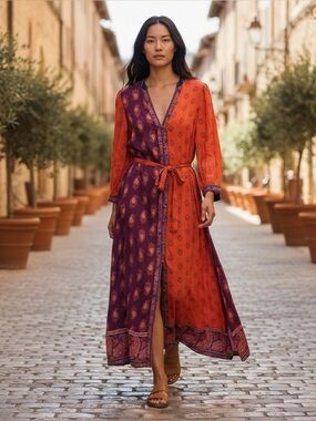 Sundance World Vision Boho Paisley Print Mixed Color Maxi Dress with Tie Waist